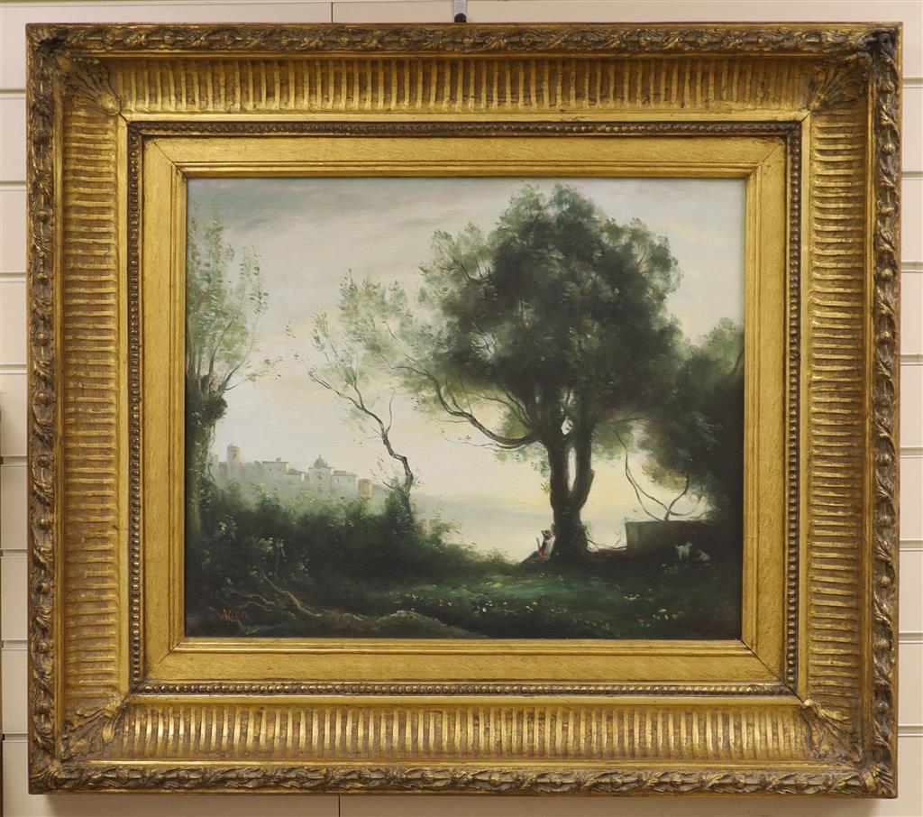 After Corot, oil on canvas, Shepherd boy in an Italianate landscape, 50 x 60cm